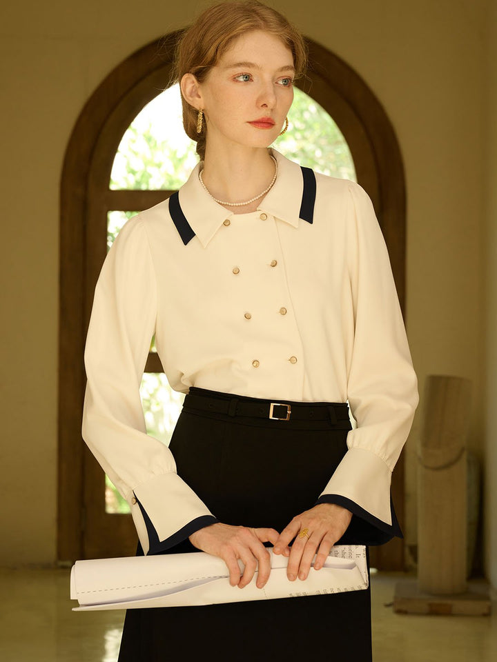 Flora | Vintage Double Breasted Colorblock Collar Blouse - MAISON EMILY
