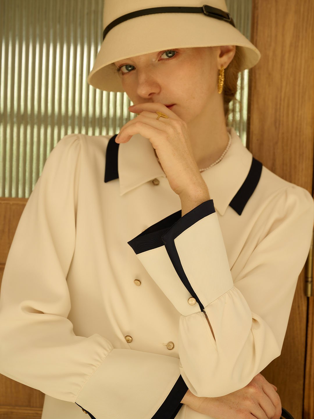 Flora | Vintage Double Breasted Colorblock Collar Blouse - MAISON EMILY