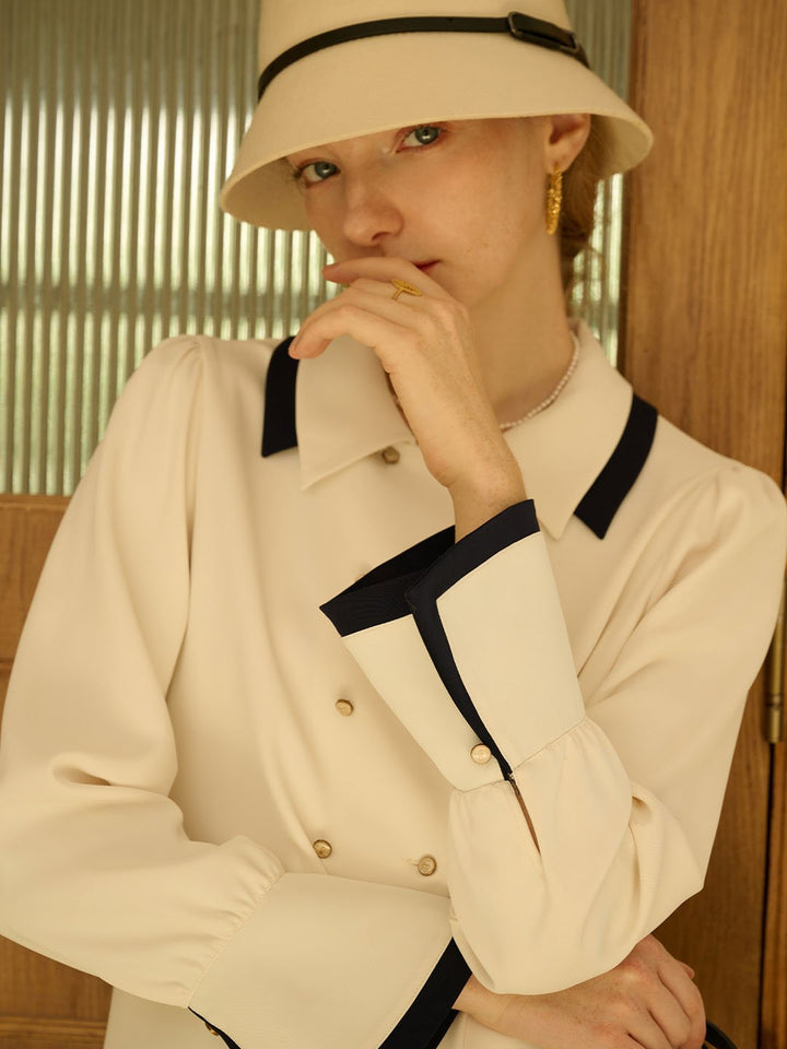 Flora | Vintage Double Breasted Colorblock Collar Blouse - MAISON EMILY