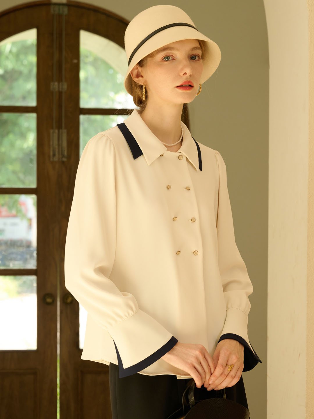 Flora | Vintage Double Breasted Colorblock Collar Blouse - MAISON EMILY