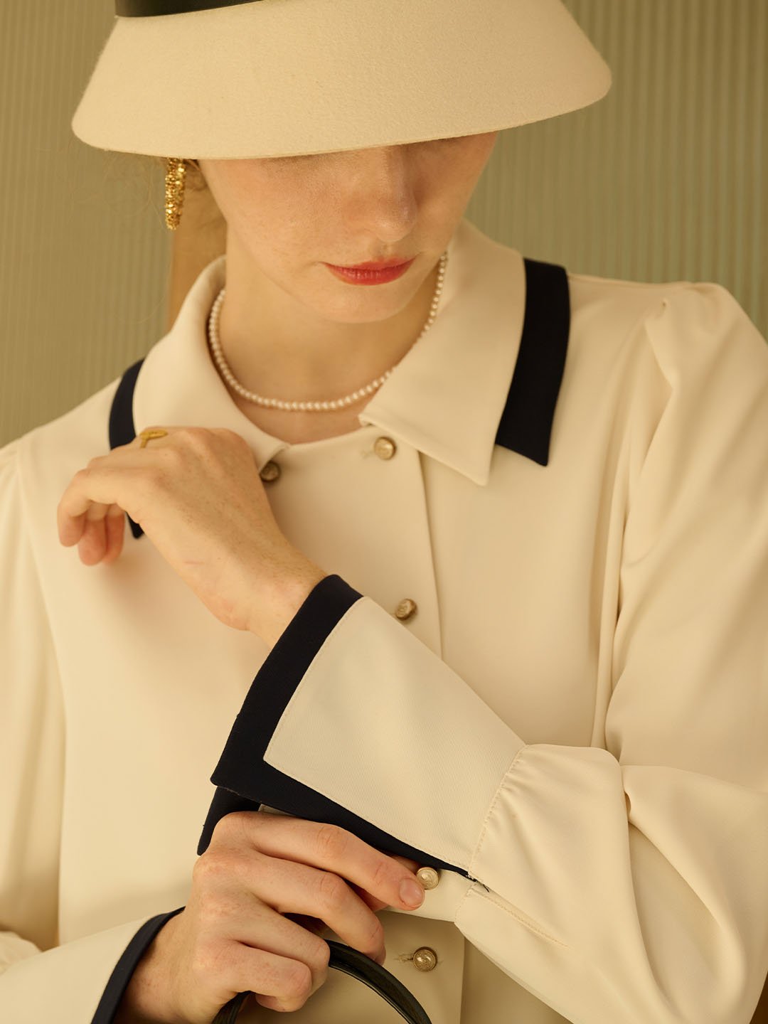 Flora | Vintage Double Breasted Colorblock Collar Blouse - MAISON EMILY