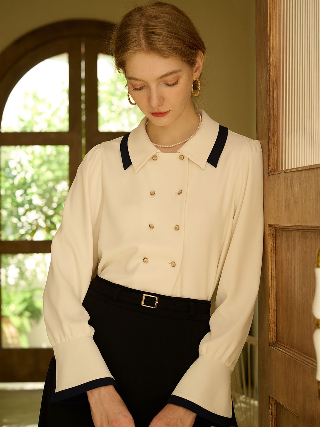 Flora | Vintage Double Breasted Colorblock Collar Blouse - MAISON EMILY