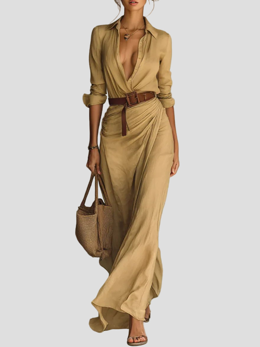 Florence | Long Sleeve Shirt Belted Maxi Dress - MAISON EMILY