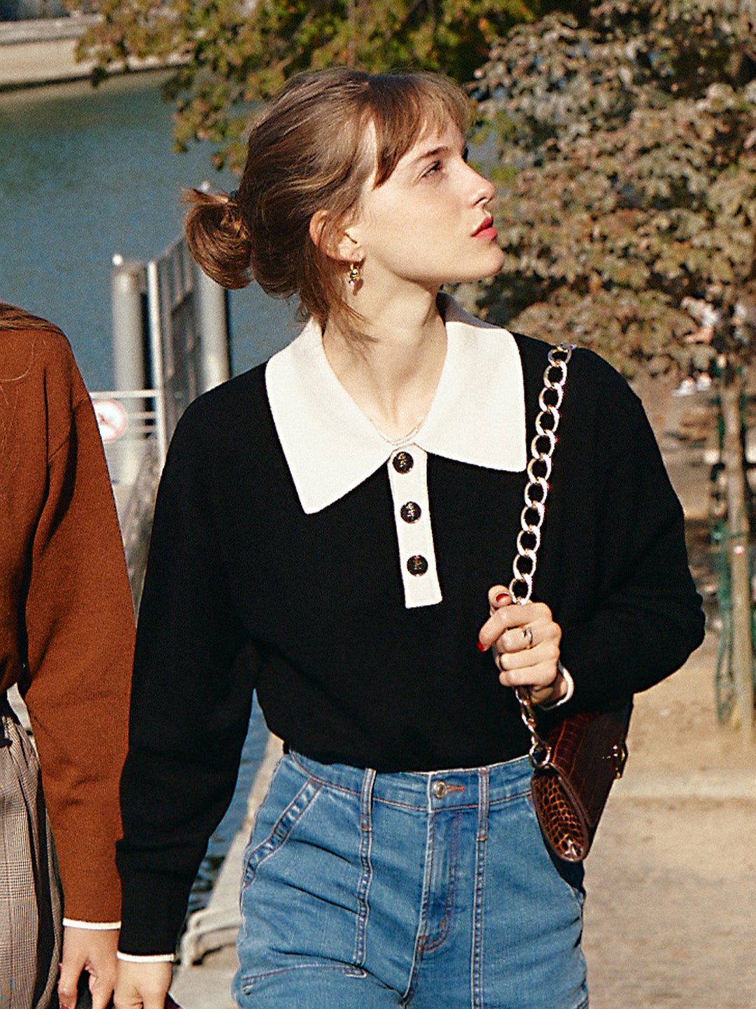 Matilda | Polo Contrast Collar 100% Wool Black Knit Sweater - MAISON EMILY