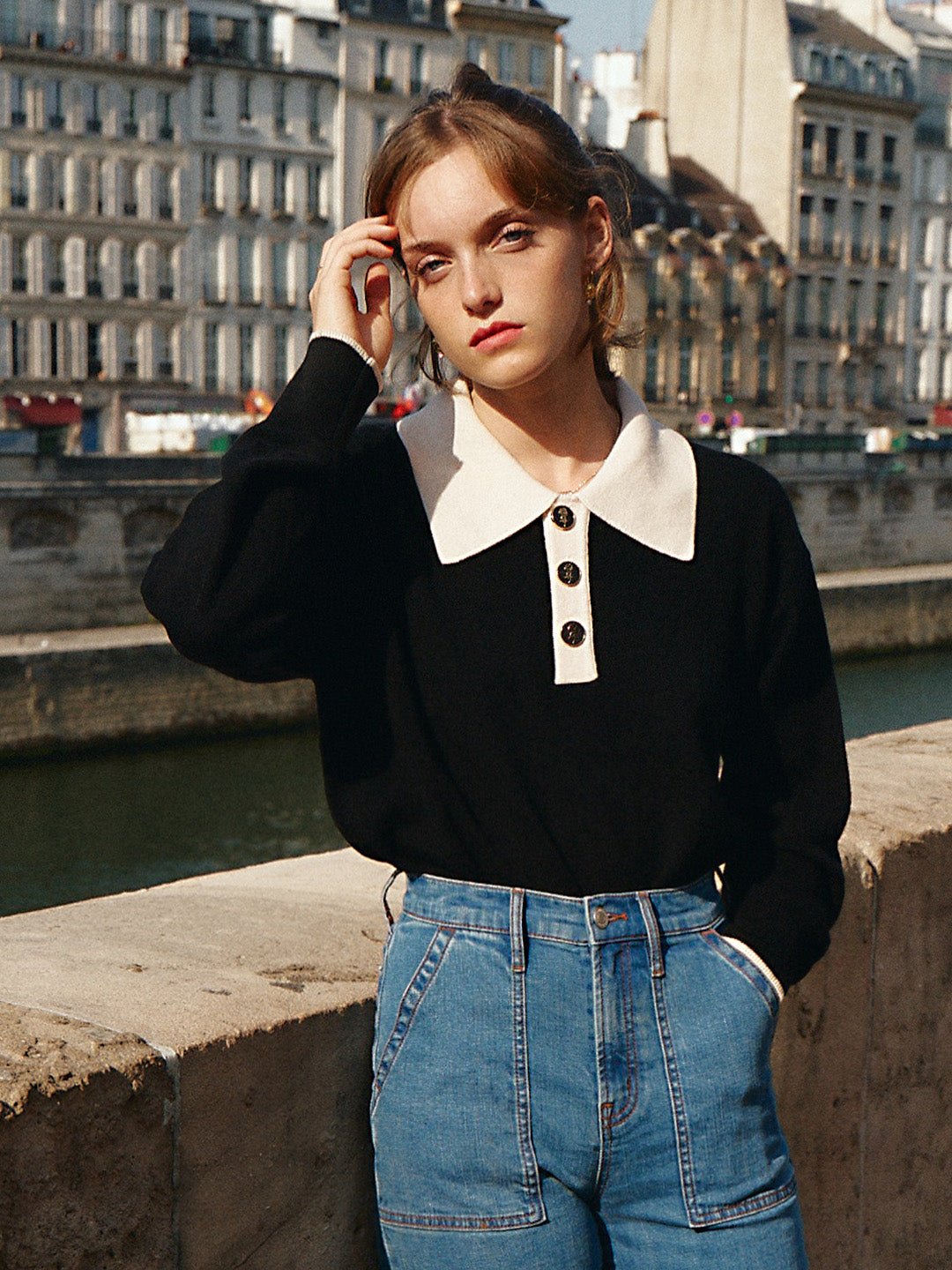 Matilda | Polo Contrast Collar 100% Wool Black Knit Sweater - MAISON EMILY
