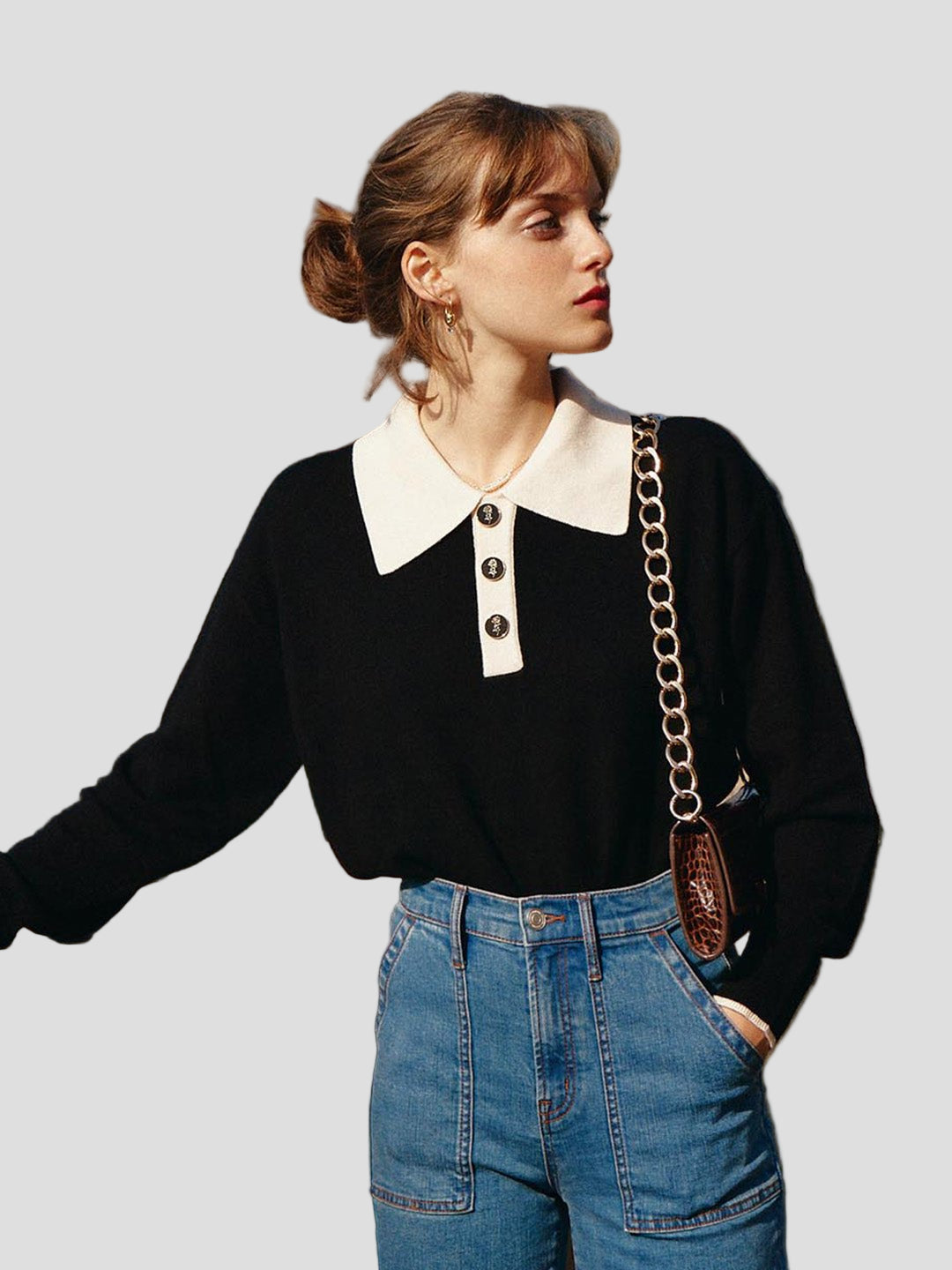 Matilda | Polo Contrast Collar 100% Wool Black Knit Sweater - MAISON EMILY