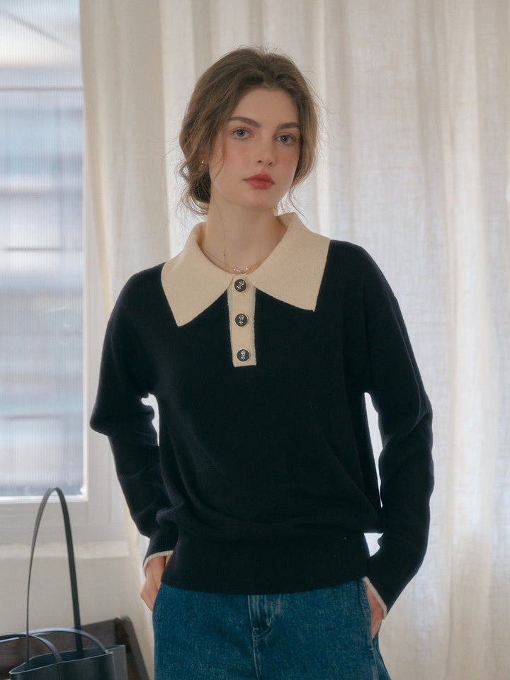 Matilda | Polo Contrast Collar 100% Wool Black Knit Sweater - MAISON EMILY
