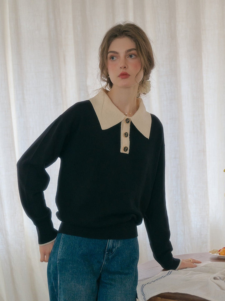 Matilda | Polo Contrast Collar 100% Wool Black Knit Sweater - MAISON EMILY