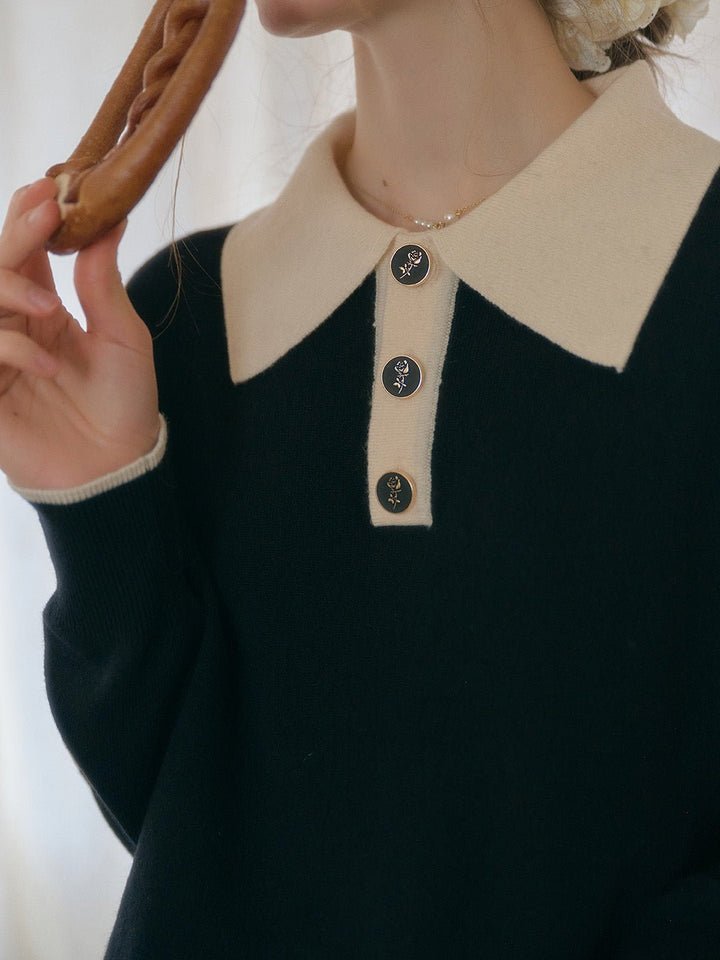 Matilda | Polo Contrast Collar 100% Wool Black Knit Sweater - MAISON EMILY