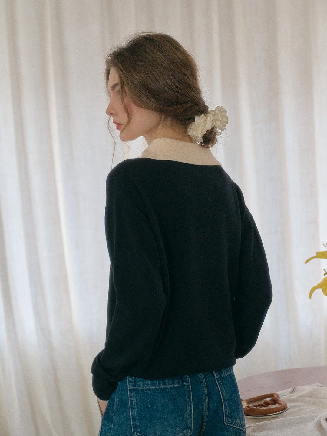 Matilda | Polo Contrast Collar 100% Wool Black Knit Sweater - MAISON EMILY