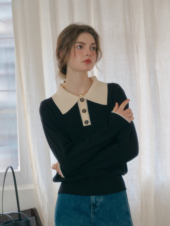 Matilda | Polo Contrast Collar 100% Wool Black Knit Sweater - MAISON EMILY