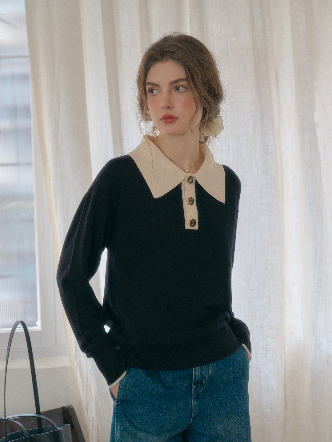 Matilda | Polo Contrast Collar 100% Wool Black Knit Sweater - MAISON EMILY