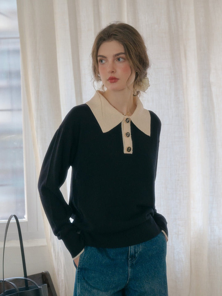 Matilda | Polo Contrast Collar 100% Wool Black Knit Sweater - MAISON EMILY