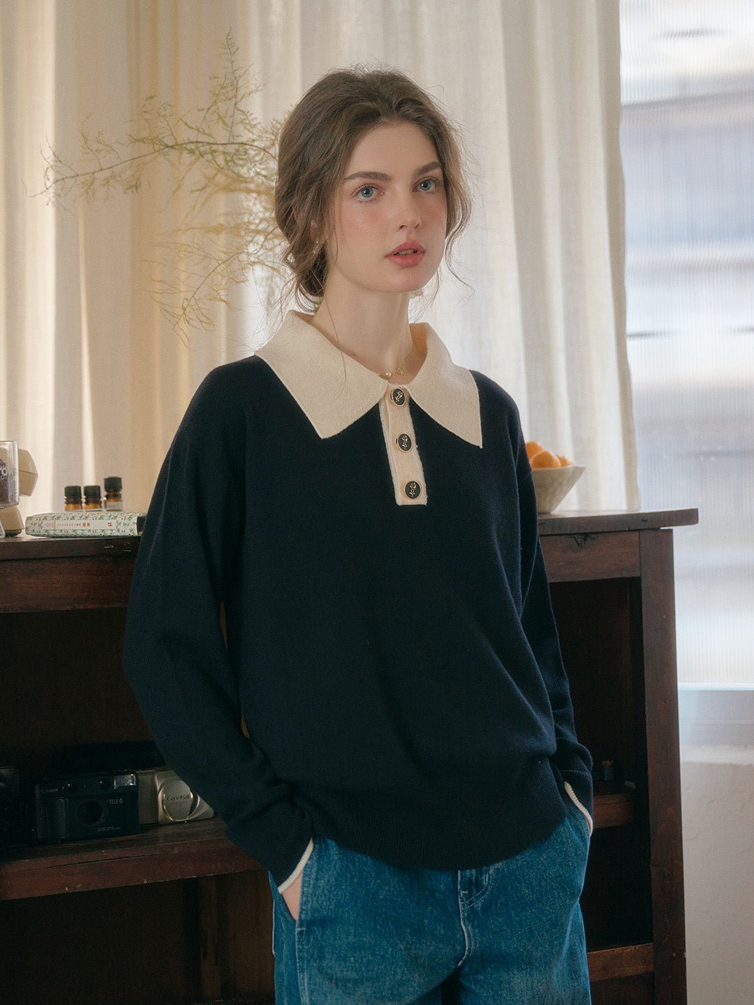 Matilda | Polo Contrast Collar 100% Wool Black Knit Sweater - MAISON EMILY