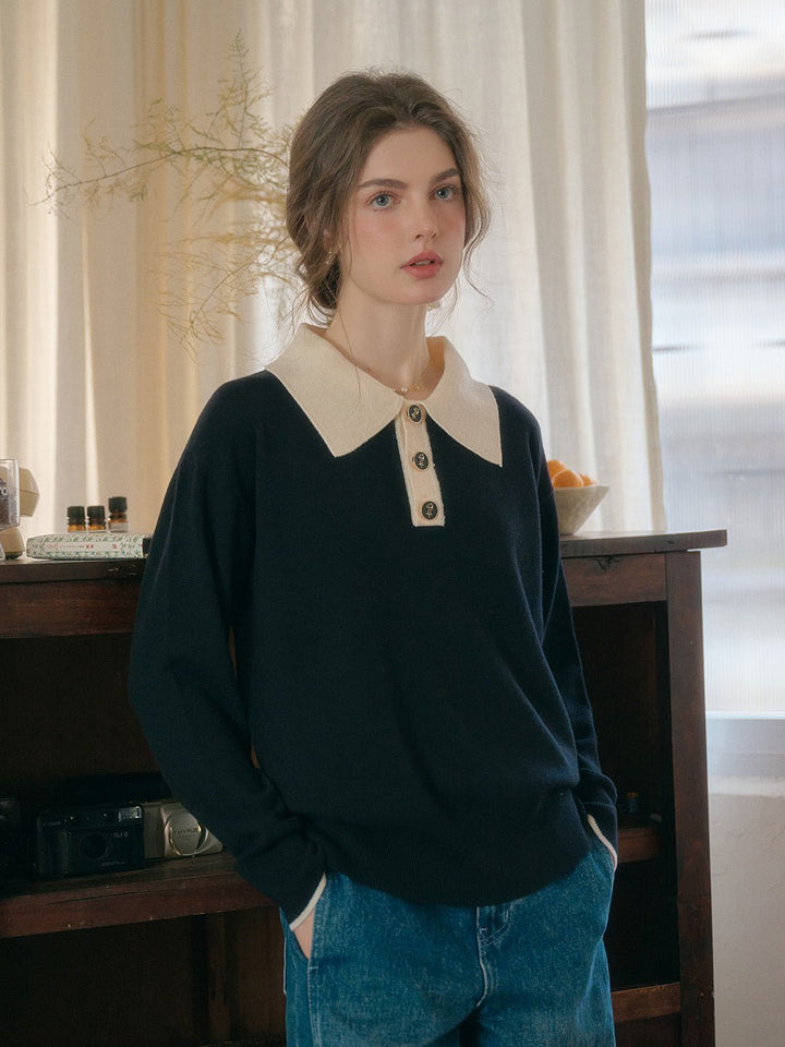Matilda | Polo Contrast Collar 100% Wool Black Knit Sweater - MAISON EMILY