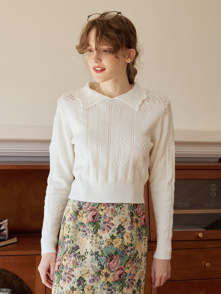 Olivia | Cable Polo White Knit Sweater - MAISON EMILY