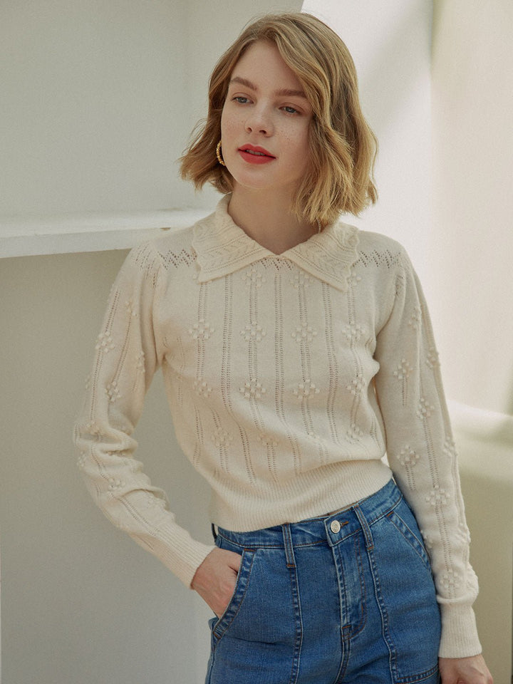 Olivia | Cable Polo White Knit Sweater - MAISON EMILY