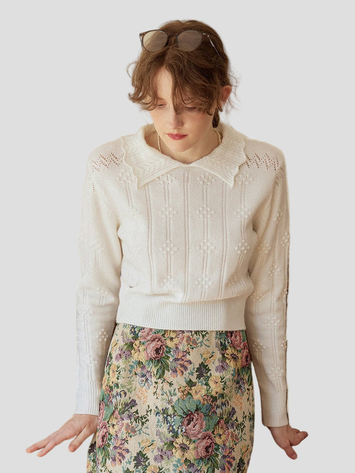 Olivia | Cable Polo White Knit Sweater - MAISON EMILY