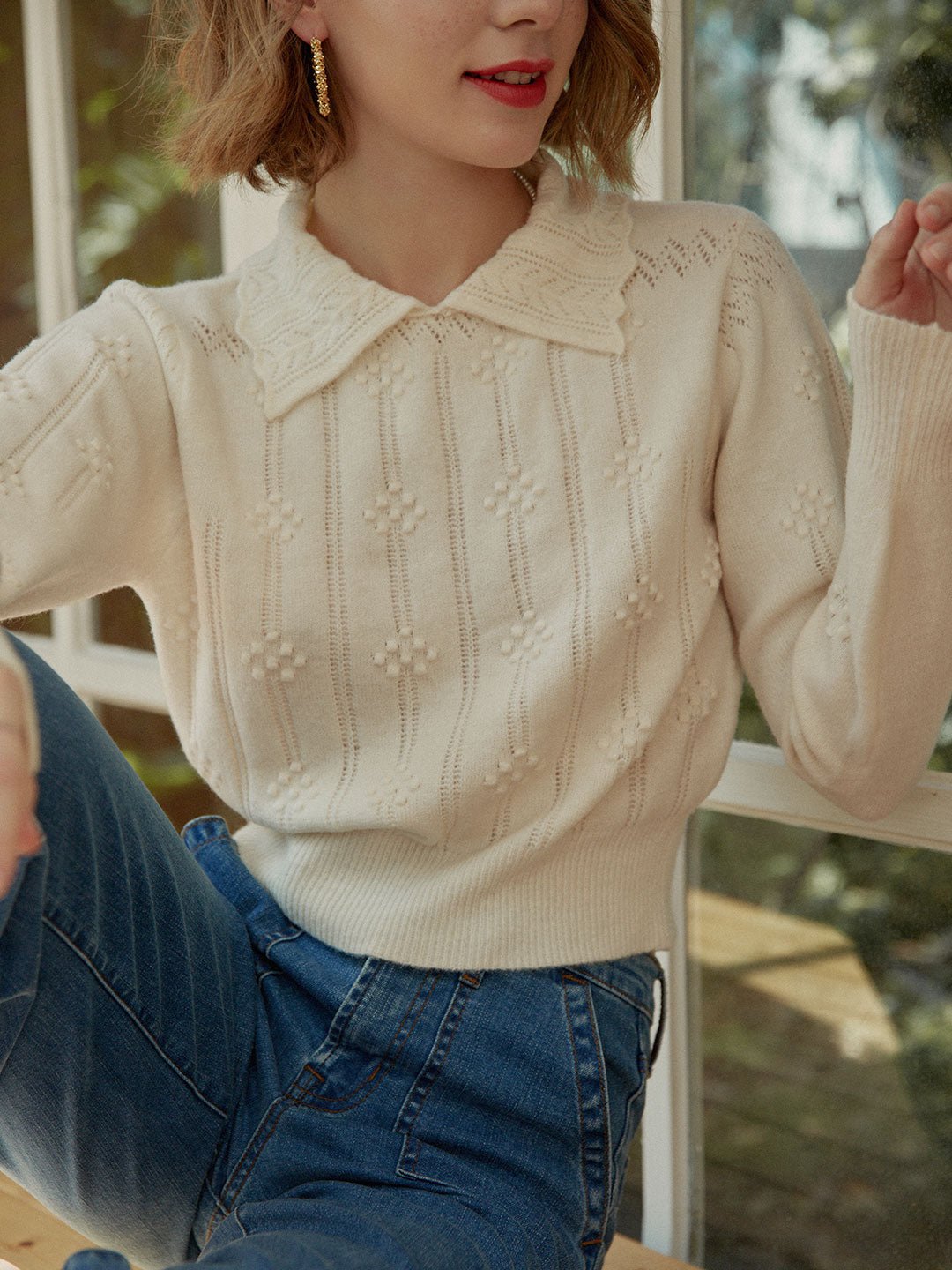 Olivia | Cable Polo White Knit Sweater - MAISON EMILY