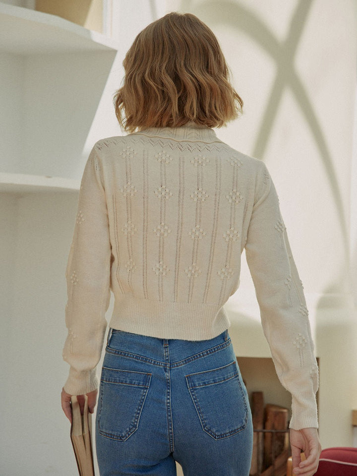 Olivia | Cable Polo White Knit Sweater - MAISON EMILY