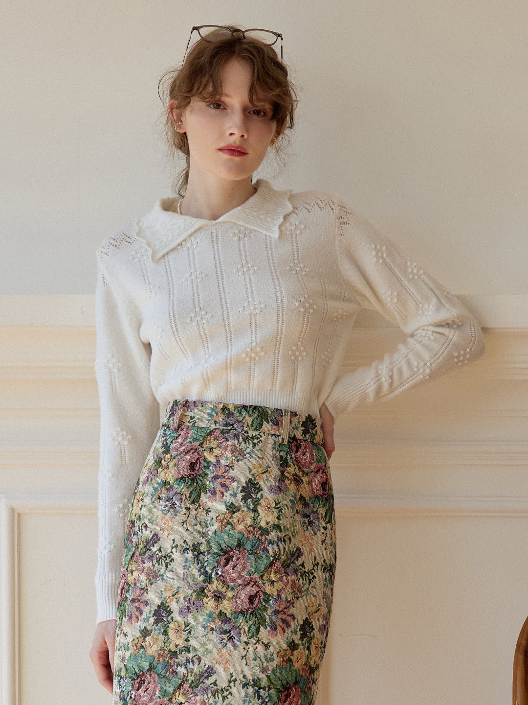 Olivia | Cable Polo White Knit Sweater - MAISON EMILY